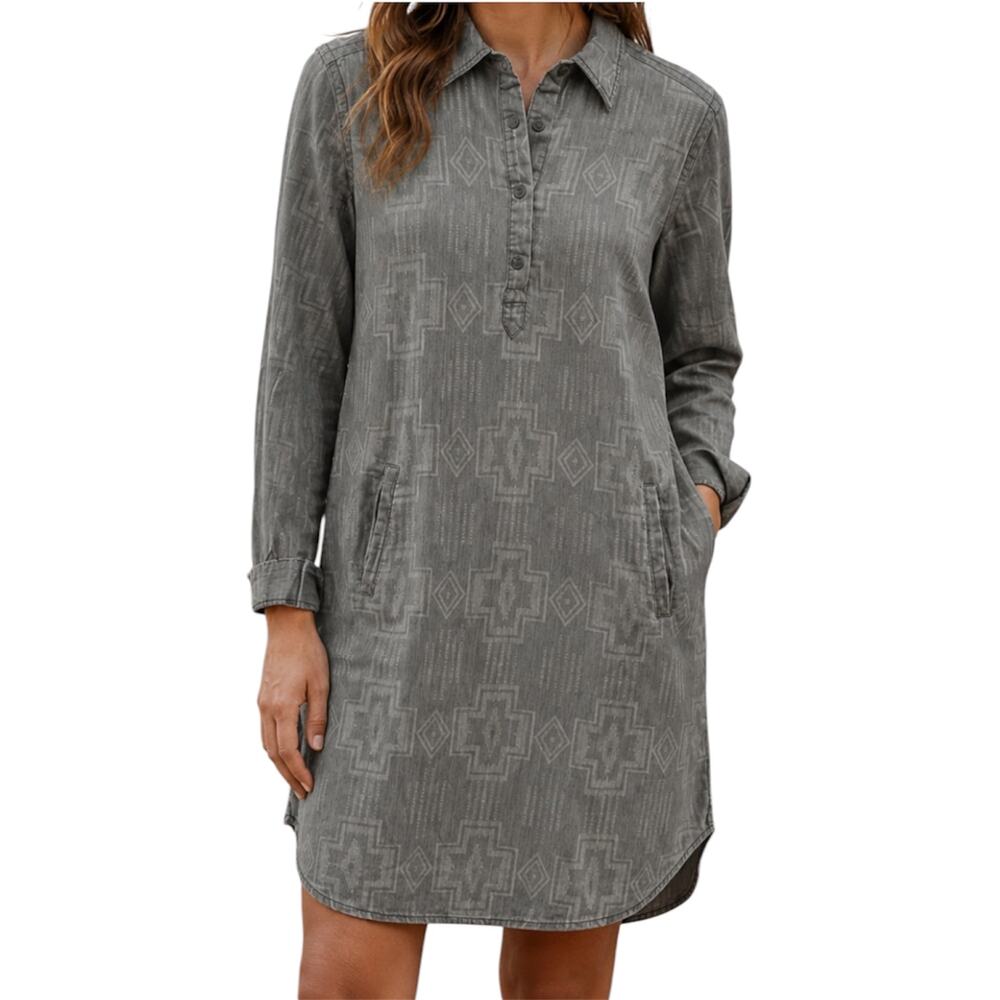 Ryan Michael Shirt Dress Aztec Button Down Roll Tab Tunic Long Sleeve Charcoal S